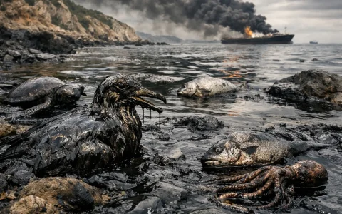 Fauna marina del Mediterraneo ricoperta di petrolio dopo uno sversamento in mare, con uccelli, pesci e tartarughe contaminati dal greggio lungo la costa